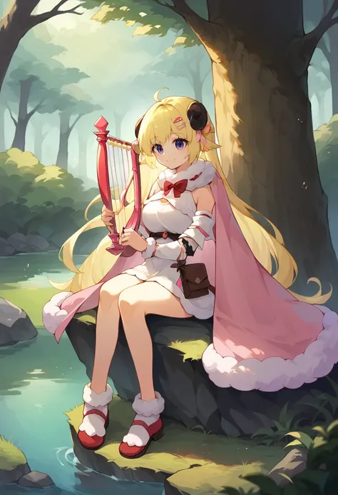 score_9, score_8_up, score_7_up, WatameBase, very long hair, ahoge, hairclip, fur-trimmed dress, short dress, red bowtie, detached sleeves, pouch, fur-trimmed cape, pink cape, smile, holding harp, outdoors, sitting on rock, forest, <lora:CHAR-TsunomakiWata...