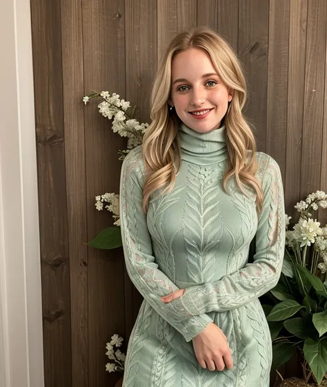 <s3w4mm2>, ((nature background)), Ultra-HD-details, nature, upper body, smile, Flowers, breast, large breast, intricate, ((Soft Touch Turtleneck Dress))