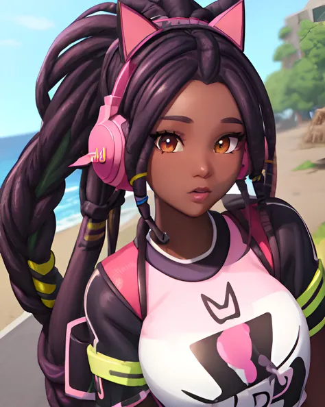 mazy, 1girl, brown eyes, dark skin, upper body, dreadlocks, nose earring, pink cat ears headphones, depth of field