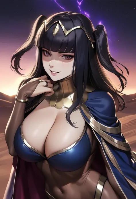 1girl, solo, (realistic:0.6) <lora:tharja-anixl-nvwls-v1-000005:1> defTh, two side up, tiara, cape, bodystocking, bodysuit, cleavage, bridal gauntlets, pelvic curtain, large breasts, looking at viewer, dark aura, night sky, desert, evil grin, masterpiece, ...