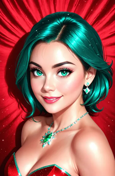 photorealistic, ultra realistic, glowing cyan hair, eyes, 
mature ([Mila( :0)Kunis|Emily( :0)Blunt|Ariana( :0)Grande]:0.9) woman, 21 year old woman, 
sparkling starburst green eyes, red theme, eyeshadow, mascara, plush lips, pink lipstick, 
smile, straight...