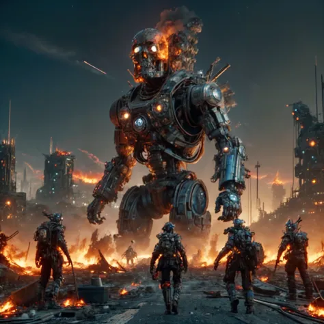 TrashPunkStyle, <lora:TrashPunkStyle:0.5>,sky, giant trashpunk robot with robotic skull head destroying fire,scorched buildings,ashes in the air,epic fire scene,building,star (sky),scenery,science fiction,6+boys,city,giant,spacecraft,cyberpunk,6+others,nig...