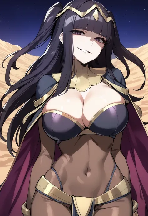 1girl, solo, anime coloring, <lora:tharja-anixl-nvwls-v1-000005:1> defTh, two side up, tiara, cape, bodystocking, bodysuit, cleavage, bridal gauntlets, pelvic curtain, large breasts, looking at viewer, dark aura, night sky, desert, evil smile, masterpiece,...