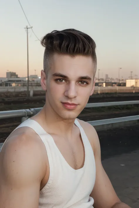 headshot, male focus, <lora:sc_jess-06:0.9>, photo of sc_jess, (undercut:0.5), wearing tank top, soft natural light, blurred urban industrial background, looking at viewer, smirk, golden hour, facing the camera