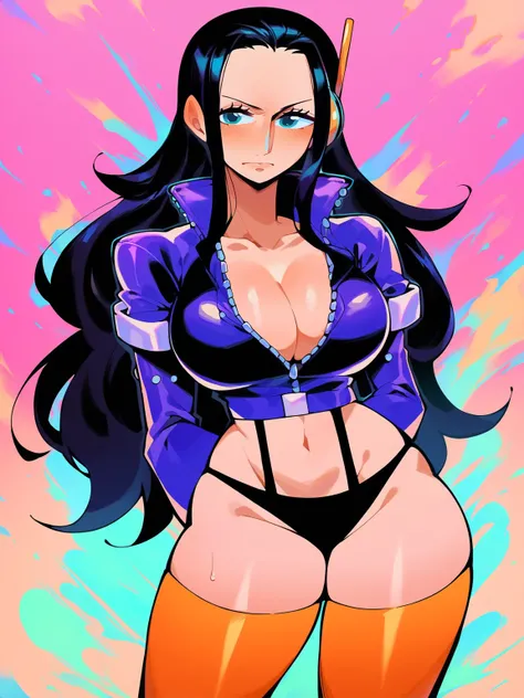 score_9, score_8_up, score_7_up, score_6_up, score_5_up, score_4_up, BREAK, source_anime, nico robin, nicoeh, blue eyes, black hair, hair slicked back, long hair, black crop top jacket, cleavage, purple gloves, midriff, navel, black panties, orange thighhi...