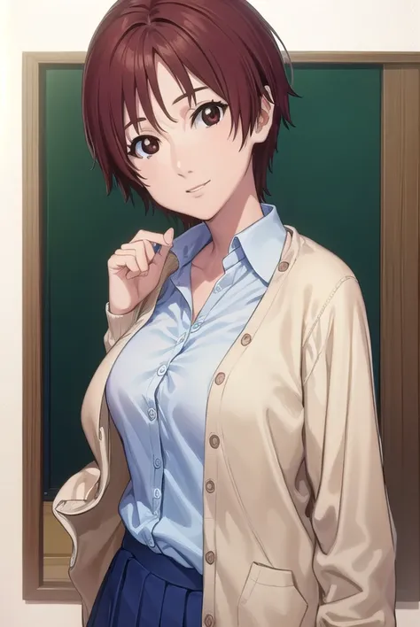 keikishimoto, <lora:kei kishimoto-lora-nochekaiser:1>, 
kei kishimoto, short hair, (brown eyes:1.5), red hair, smile,
BREAK skirt, school uniform, cardigan, blue skirt, shirt, white shirt, collared shirt,
BREAK indoors, classroom,
BREAK looking at viewer, ...