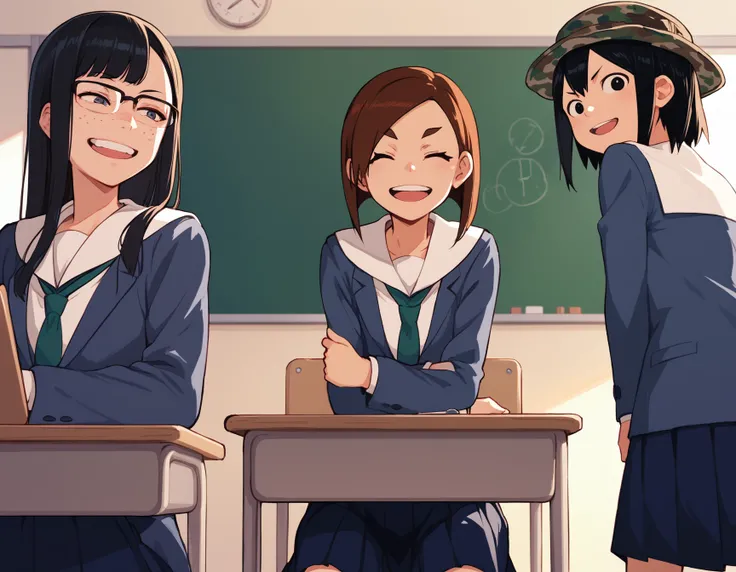 score_9, score_8, score_7, source_anime,
<lora:eizouken-ponyxl-000020:0.3>
3girls, multiple girls, serafuku, classroom, excited
BREAK
kanamori, freckles, eyewear on head, serafuku, long skirt, tall female
BREAK
tsubame, serafuku, pleated skirt
BREAK
amidor...