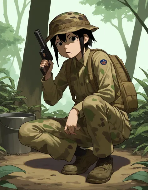 score_9, score_8, score_7, source_anime,
<lora:eizouken-ponyxl-000020:1>
1girl,
amidori, black eyes, military uniform, camouflage shirt, camouflage pants, bucket hat, camouflage headwear,
gun, jungle, crawling