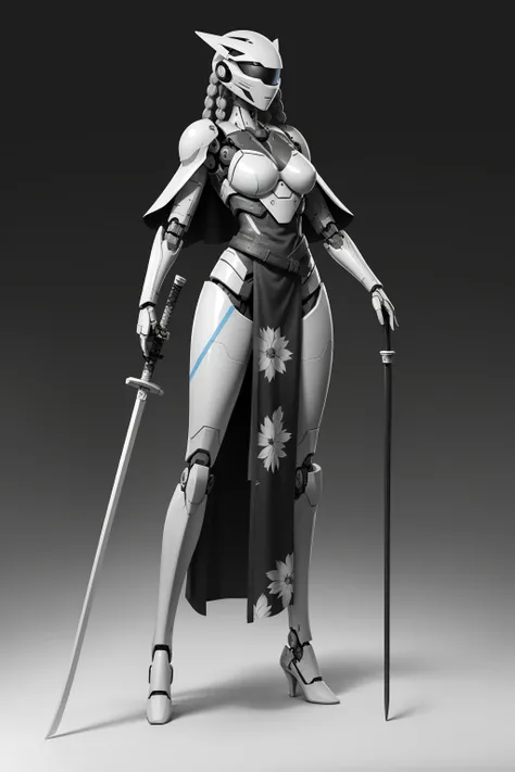 monochrome, HEZI, White film, Character modeling, 1girl, weapon, solo, holding weapon, sword, holding sword, holding, high heels, robot joints, joints, breasts, standing, full body, robot, medium breasts, black background, see-through, armor, helmet, braid...