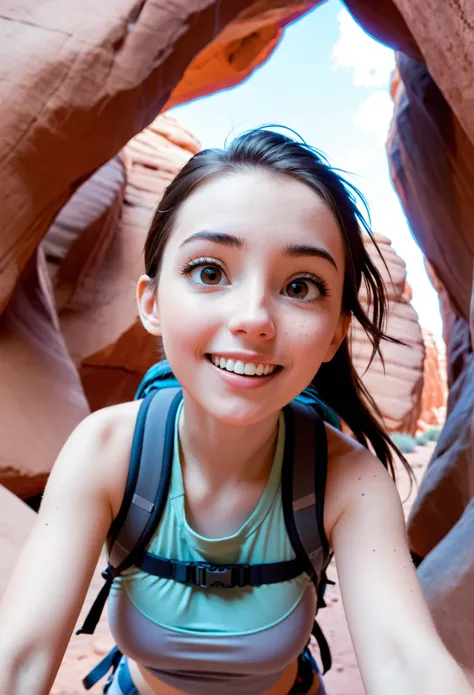 modisn disney, photo-realistic cartoon style, a 29 yo woman under a giant rock formation in arches national park, (hiking pack:1.1), (from below:0.9), posing for camera, small smile, looking at viewer, upper body, close up, detailed background, sharp detai...