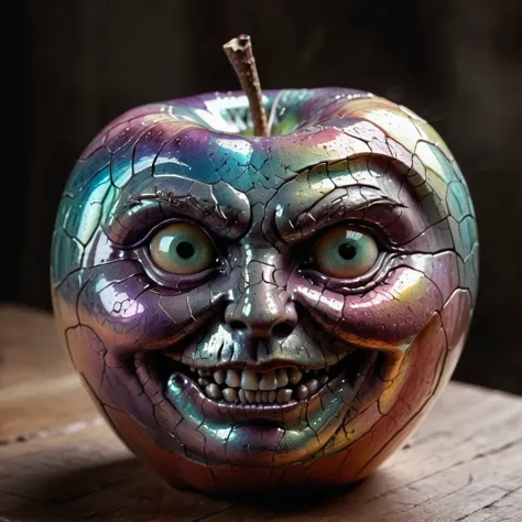 iridescent porcelain apple with a mad face, muted wet colors, intricate artwork, impressive, whimsical, intense back light,  dreamy masterwork by head of prompt engineering  <lora:krawcked_skn:0.8> krawcked_skn