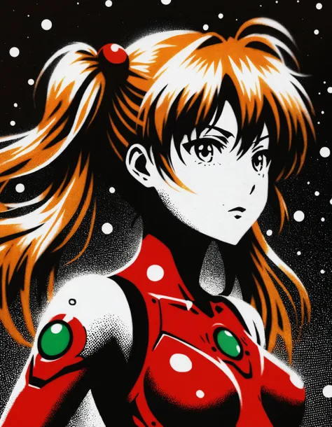 zavy-fzzgrfft, manga of Asuka Langley, dynamic lighting, dots, screentone, evangelion