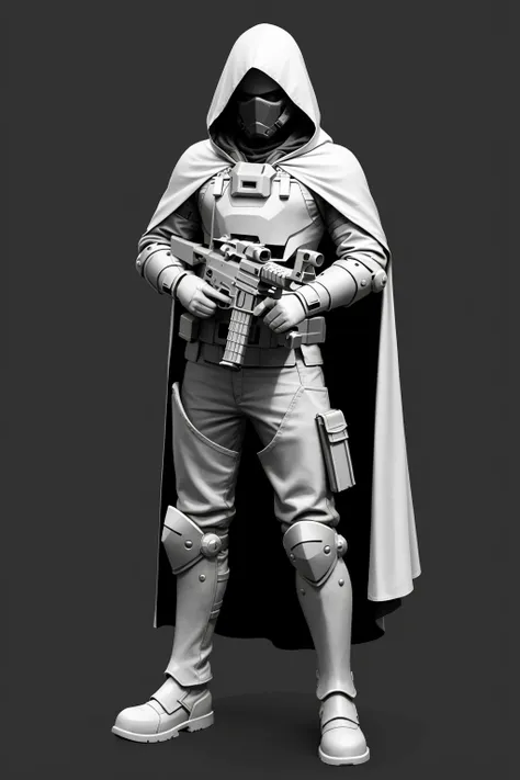 monochrome, HEZI, White film, Character modeling, weapon, gun, solo, rifle, holding, scope, holding weapon, hood, cloak, holding gun, armor, greyscale, boots, assault rifle, science fiction, cape, standing, 1boy, gloves, male focus, mask, grey background, ...