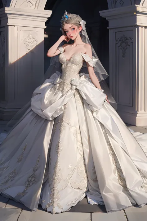 1girl,solo,medium breasts,outdoors,<lora:GoodHands-beta2:1>,(full body:1.3),<lora:0261 marguerite wedding dress_v1:0.9>,ruanyi0261,off-shoulder dress,pearl (gemstone),tiara,veil,wedding dress,, (masterpiece, best quality, hires, high quality, by profession...