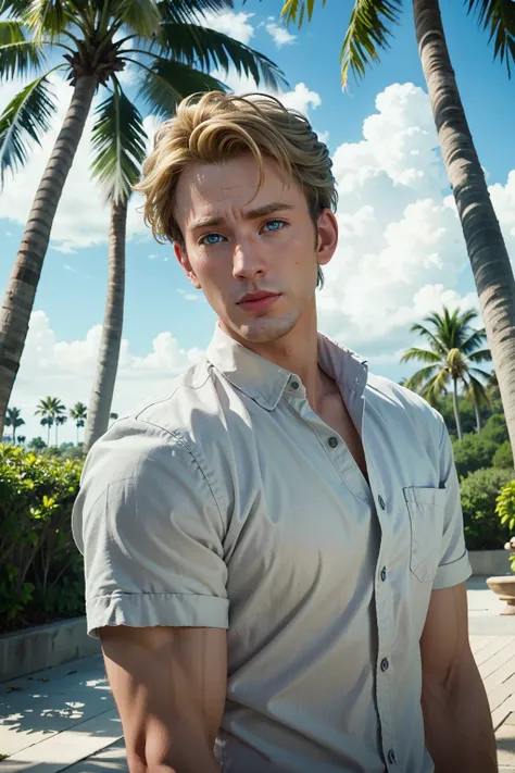 ((ultra detailed, masterpiece, absurdres))
<lora:MCAmerica:0.9>
MCAmerica, 1boy, short hair, blonde hair, blue eyes, Tropical Paradise with Palm Trees