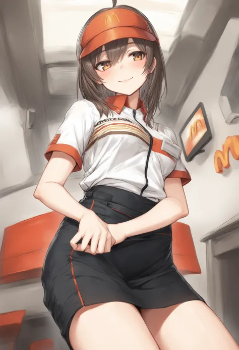 1girl, <lora:sdxl2-flat2-512b:-1>,medium breasts,solo,
<lora:macXLv1:1.0>,mac,solo, employee uniform, fast food uniform, visor cap, short sleeves, clothes writing,
ceiling, feet out of frame, looking to the side, seductive smile, closed mouth,
best quality...