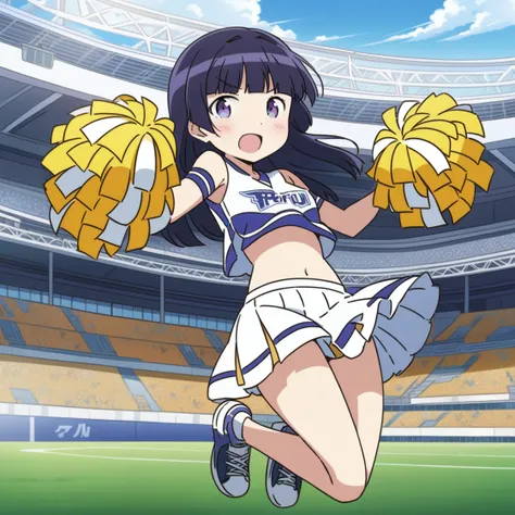 gokou ruri,<lora:ruri_XL:1>, cheerleader, jumping, open mouth, football stadium, full body, ultra-detailed, detailed, beautiful detailed eyes, beautiful detailed face, anime coloring, official style, 8K, highres, newest, late,  solo, cute