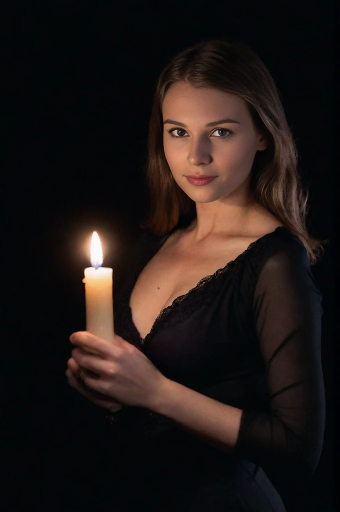 extremely detailed 16k UHD RAW photo of a woman with a candle in a pitch-black dark background, taken by a professional photographer with DSLR