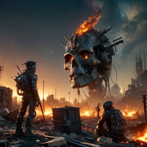 TrashPunkStyle, <lora:TrashPunkStyle:0.5>,sky, giant trashpunk robot with robotic skull head destroying fire,scorched buildings,ashes in the air,epic fire scene,building,star (sky),scenery,science fiction,6+boys,city,giant,spacecraft,cyberpunk,6+others,nig...