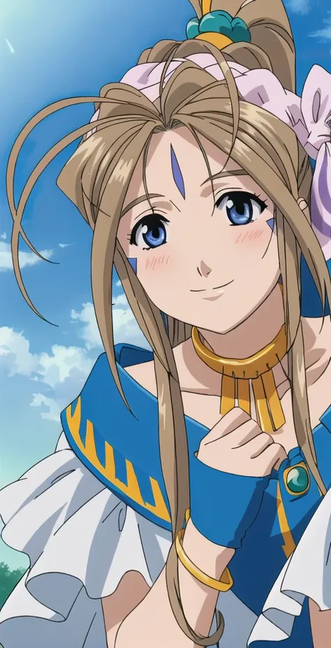 BelldandyV2, 1girl, solo, head portrait, smile, goddess outfit, high ponytail, headdress, gloves, bangles, sky clouds, floating, perfect quality, good quality, masterpiece, HDR, UHD <lora:Belldandy V2-000004:0.8>