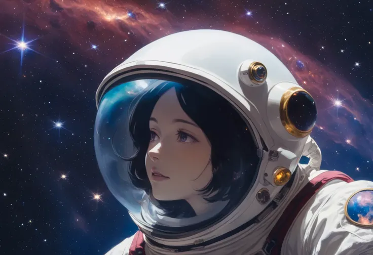 cosmos, nebula, <lora:James_Webb_Space_Telescope:1>, a woman floating in space, closeup of her space helmet