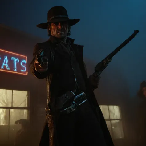 Neon noir,  <lora:Colt revolver handgun:1>
a man with a gun standing next to a dead animal,black hair,hat,holding,weapon,male focus,multiple boys,pants,holding weapon,coat,gun,blood,bird,holding gun,handgun,skull,smoking,cowboy hat,revolver,death,corpse , ...