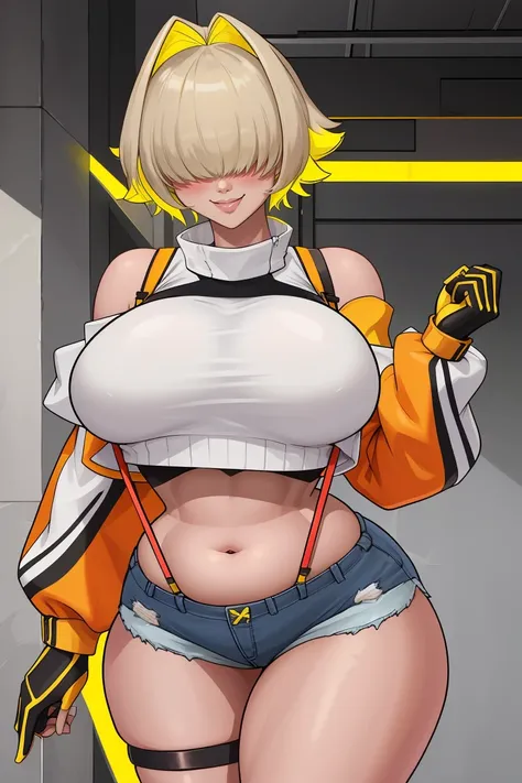 masterpiece, best quality, 1girl, solo, <lora:elegg-nikke-richy-v1:1> elegg, short hair, bangs, hair intakes, multicolored hair, hair over eyes, crop top, bare shoulders, suspenders, midriff, navel, short shorts, thigh strap, long sleeves, plump, sports br...