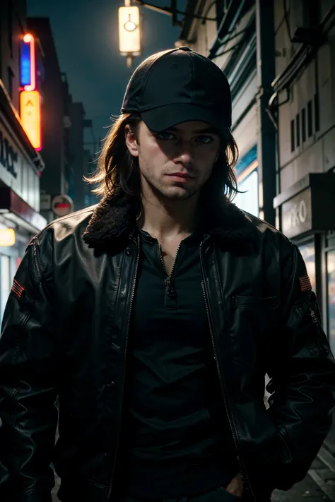 ((ultra detailed, masterpiece, absurdres))
 <lora:MBBarnes:0.9>
MBBarnes, 1boy, brown hair, blue eyes, male focus, baseball cap, jacket, Glowing cyberpunk alleyway, dynamic lighting, futuristic and neon-drenched