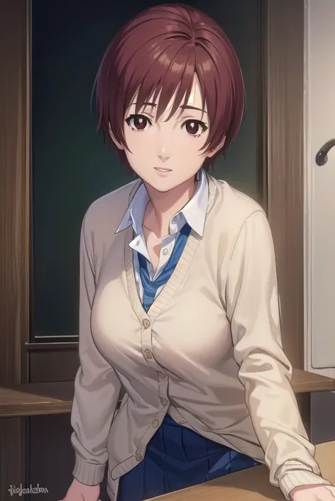 keikishimoto, <lora:kei kishimoto-lora-nochekaiser:1>, 
kei kishimoto, short hair, (brown eyes:1.5), red hair, smile,
BREAK skirt, school uniform, cardigan, blue skirt, shirt, white shirt, collared shirt,
BREAK indoors, classroom,
BREAK looking at viewer, ...