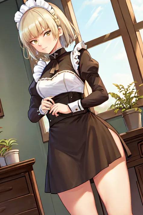 <lora:loooyd_style:0.8>loooyd style, 1girl, clothed, saber alter, indoors, potted plant, window, sunlight,  looking at viewer, naughty face, dutch angle, maid uniform, braid