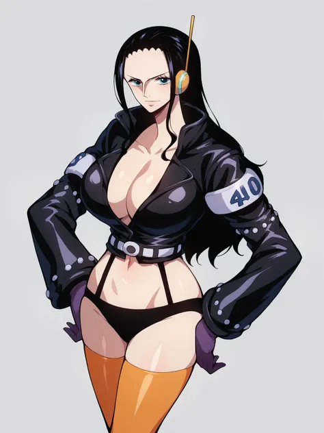 score_9, score_8_up, score_7_up, score_6_up, score_5_up, score_4_up, BREAK, source_anime, nico robin, nicoeh wearing a jacket with orange thighhighs and gigantic black boots, blue eyes, black  hair slicked back, long hair, jacket, cleavage, large breasts, ...