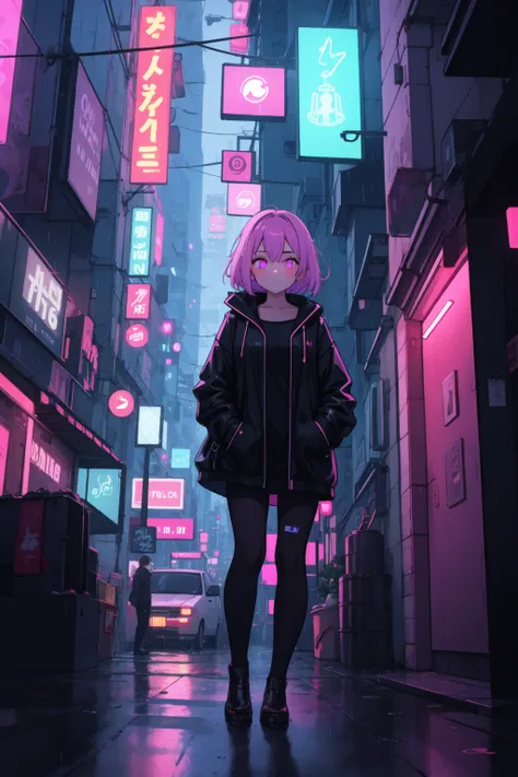 1girl,rainy night in a cyberpunk city with glowing neon lights,