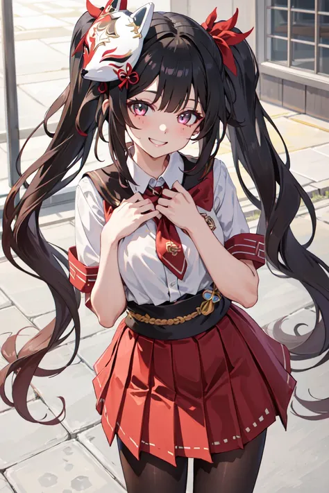 1girl, solo, <lora:shSparkle-000010:0.7>, shsparkle, fox mask, long hair, twintails, school uniform, white shirt, pleated skirt, pantyhose, hand on own chest, smiling, outside of Japanese school,