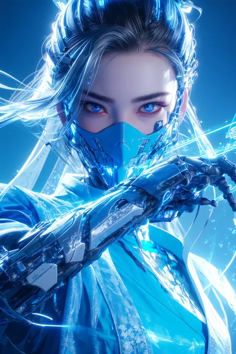 colorful, neon lights, silver, white, Cyberpunk beauty ,1boy, artist name ,silver hair, covered mouth ,cyberpunk ,cyborg ,electricity, face ,forehead, glowing ,glowing eyes, holding, holding weapon, hologram ,light particles, looking at viewer ,magic, magi...