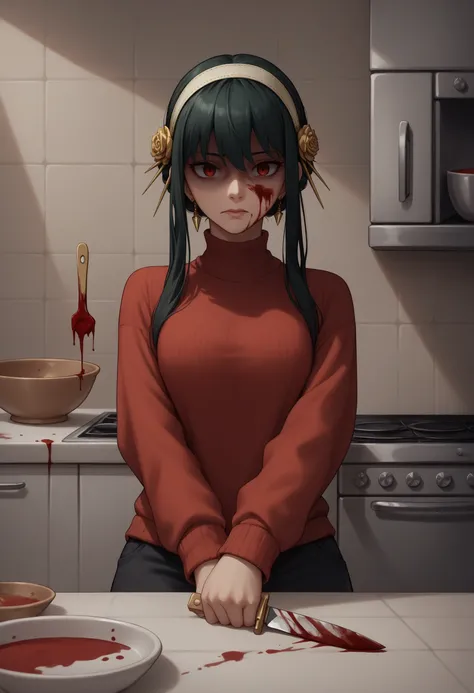 score_9, score_8_up, score_7_up, source_anime, 1girl, yor briar, red sweater, kitchen, kitchen knife, shaded face, blood, blood on face,