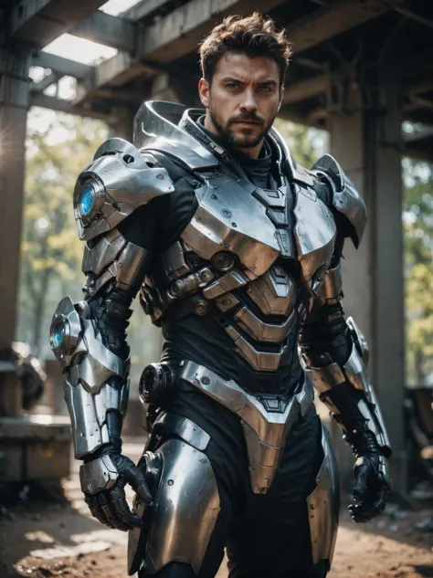 (masterpiece, best quality, ultra-detailed, best shadow), cinematic film still, photo of a man wearing a high tech scifi armor, mecha armor, male focus, armor, solo, facial hair, cape, beard, looking at viewer, blue eyes, blurry background, power armor, kn...