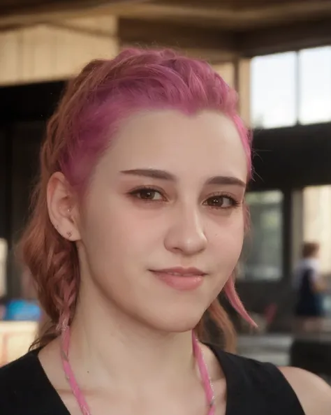 a picture of m4riaB,pink hair, realistic, photorealistic, detailed skin, surface scattering, bokeh, skin pores,<lora:m4riaB:1>,wearing a (school:1.3) uniform,