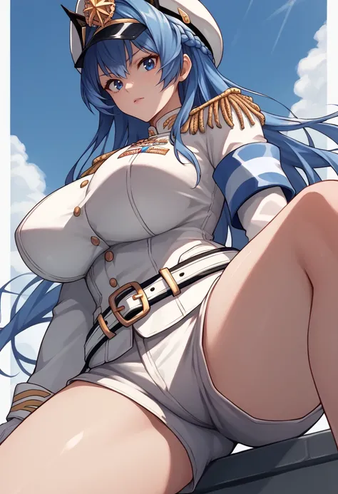 score_9, score_8_up, score_7_up, source_anime BREAK 1girl, solo, <lora:helm-nikke-richy-v1_pdxl:1> helmdef, blue hair, long hair, braid, peaked cap, blue eyes, epaulettes, military uniform, white jacket, armband, white gloves, belt, white shorts, thighs, l...