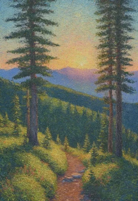 pointillist impressionism Mount Washington trail in the late afternoon