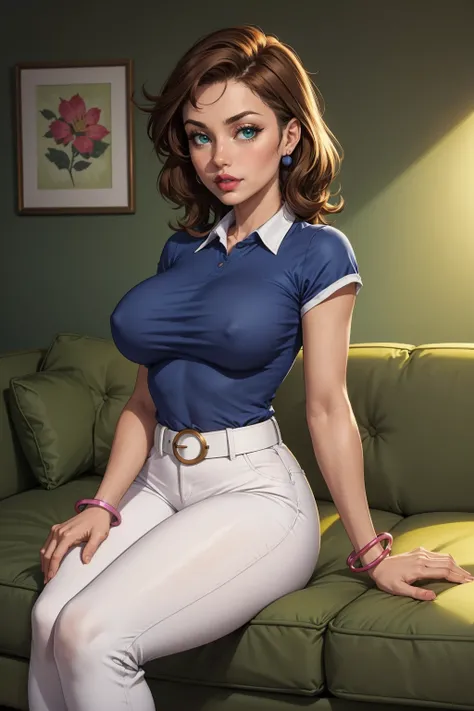 masterpiece, best quality, 1girl, solo, breasts, looking at viewer, mature female, <lora:mrsturner-guy-v2:1>, mrsturner, earrings, lipstick, blue shirt, bracelet, white pants, belt, indoors, sitting, living room, pink couch, green walls