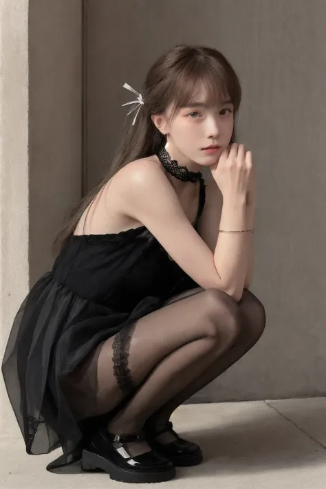 masterpiece, high quality,photorealistic,1girl, black lace, , hair ribbon, squatting, choker,full body, from side, skinny,pantyhose, shiny skin, 
 <lora:qbc_v3-000009:0.68>