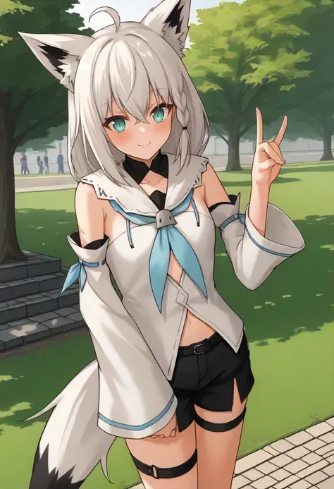 score_9 BREAK source_anime, 1girl, cowboy shot, fubukibase, park, grass, cobblestone, white blouse, detached sleeves, black shorts, blue neckerchief, thigh strap, single thighhigh, white hair, single side braid, fox tail, ahoge, light smile, fox shadow pup...