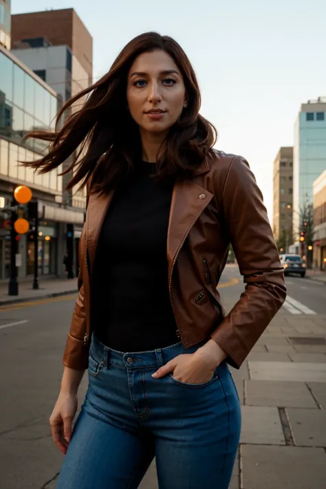 <lora:mondongo_LoRA_ChelseaPeretti:1> mndngwmn, wearing a leather jacket, jeans, on a city downtown, (ultra realistic, 8k,high quality)