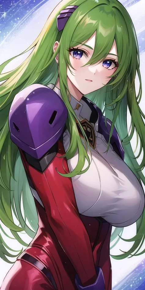 <lora:EmiliaJeniusV2:0.7> emiliajenius, huge_breasts, huge_breasts, standing, solo, Red_pilot_suit_White_bustier_Purple_shoulder_pads_High_collar, starry_sky, green_hair,, masterpiece, best_quality, detailed_face, detailed_eyes, highres, beautiful, detaile...