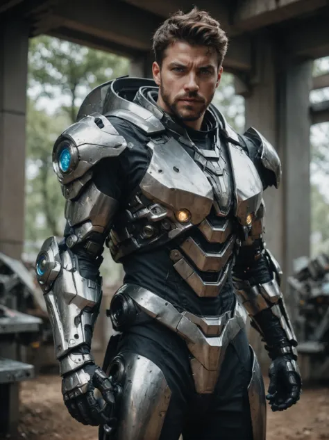 (masterpiece, best quality, ultra-detailed, best shadow), cinematic film still, photo of a man wearing a high tech scifi armor, mecha armor, male focus, armor, solo, facial hair, cape, beard, looking at viewer, blue eyes, blurry background, power armor, kn...