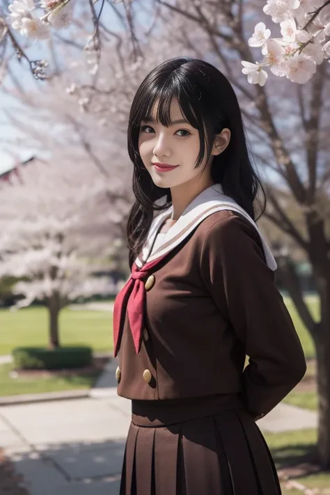 ltra-detailed,highly detailed,best quality,masterpiece,illustration,realistic,photorealistic,
1girl, solo, cosplay, 
kitauji high school uniform, serafuku, neckerchief, sailor collar, long sleeves, pleated skirt, 
brown theme clothes,
looking at viewer, sm...