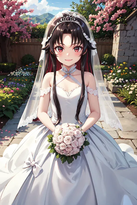 masterpiece,best quality,highres,ultra-detailed,yashajin ai,long hair,multicolored hair,one side up,parted bangs,sidelocks,hair bow,<lora:yashajin_ai:0.8>,(wedding dress:1.2),(veil:1.2),garden,smile,outdoors,standing,cowboy shot,holding bouquet,