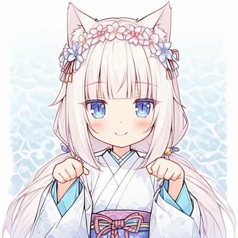 <lora:Hans-Nekopara-base-v2-000010:0.8>,nekopara,Vanilla_(nekopara), animal_ears, solo, japanese_clothes, cat_ears, blue_eyes, long_hair, flower, twintails, kimono, looking_at_viewer, white_hair, blush, miko, paw_pose, upper_body, hair_ornament, low_twinta...