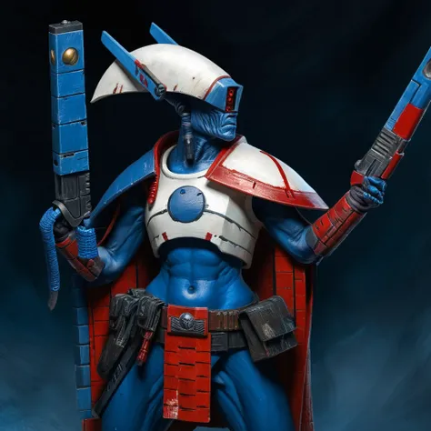 Masterpiece, painting, highest quality, Tau female mercenary, (blue skin), high tech red and white kimono, conical hat, ion rifle, grin, athletic physique, 
vibrant, colorful, dramatic, oil on canvas, sci-fi, (grimdark:0.9), warhammer 40k, nsfw,
Vignette, ...