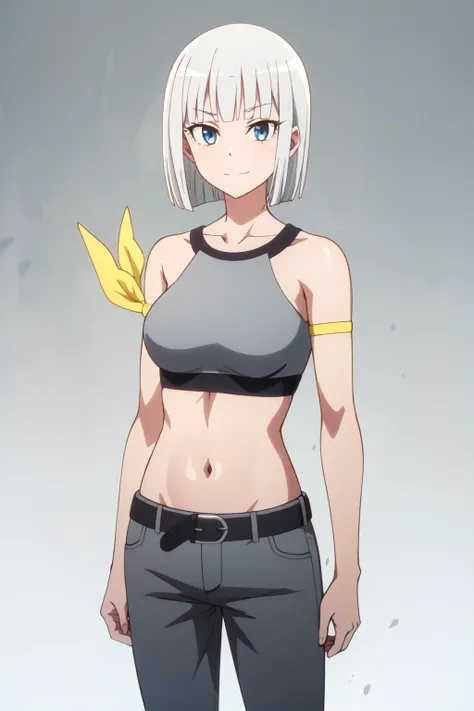 <lora:anime_screencap_v2:0.3> tall body, tall, long legs, mature female, mature, adult, <lora:GoodHands-vanilla:1.4>, simple background
 <lora:eft_dumbell_white:0.7> eft_dumbbell_white, 1girl, solo, belt, short hair, blue eyes, navel, breasts, white hair, ...